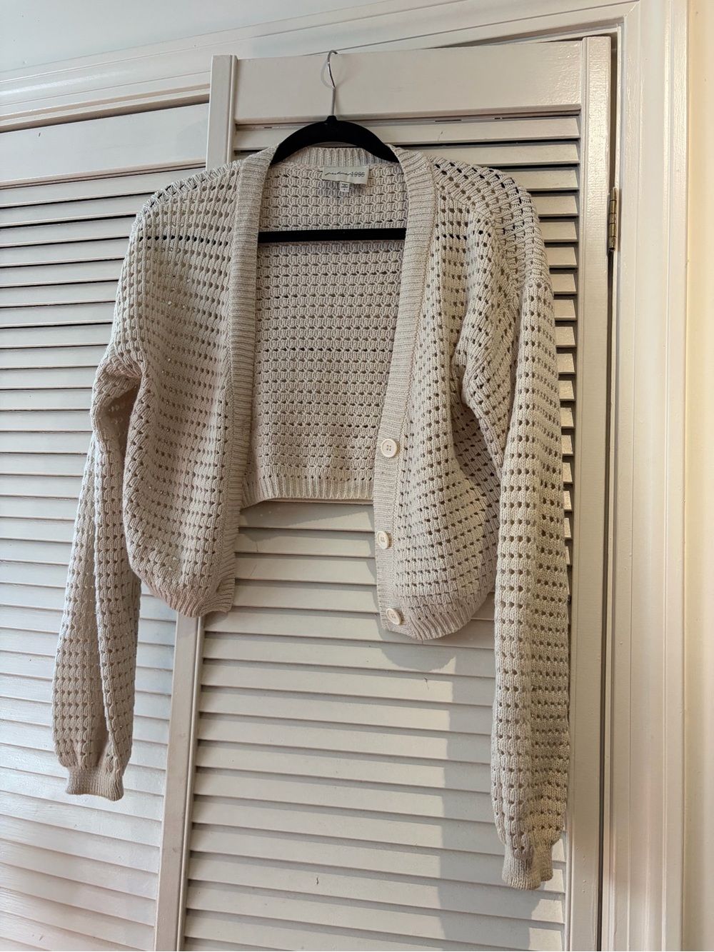 Cropped Open-Knit Button Cardigan Sweater - Cream
